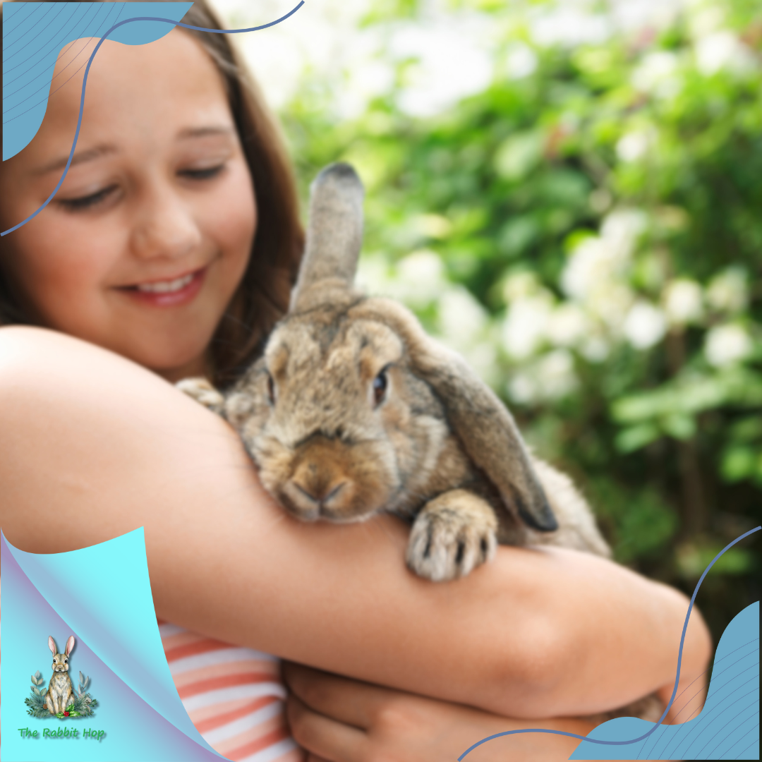 A girl snuggling with her pet bunny.